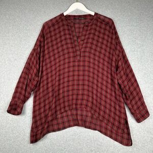 Zara‎ Blouse Womens S Plaid Long Sleeve V Neck Semi Sheer Oversized High Low